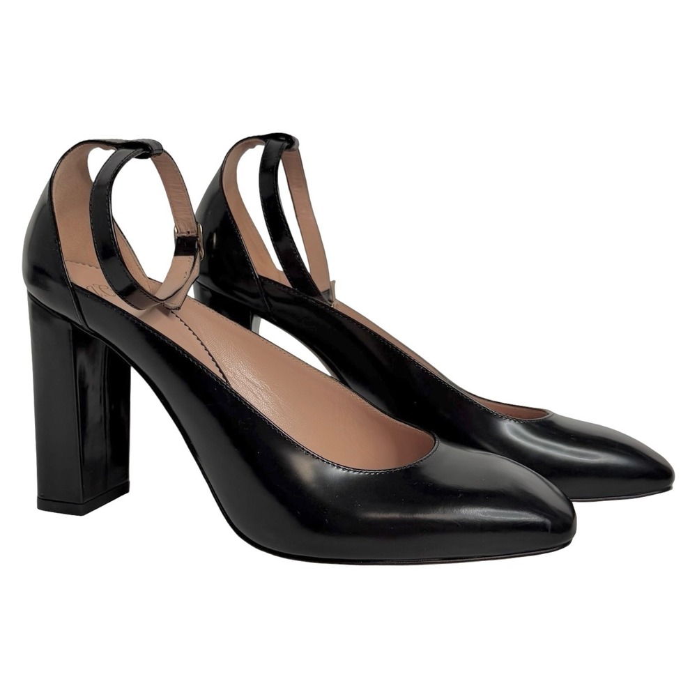 J.Crew AH083 Patent Leather Ankle Strap Block Heel Pump Black Womens 9